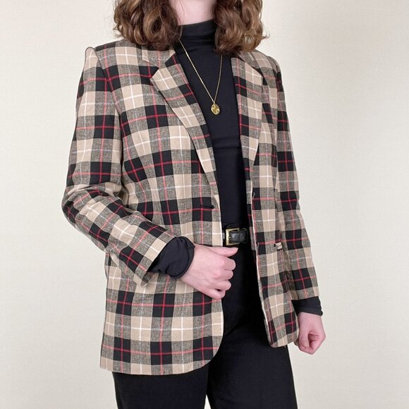 Vintage Linen Plaid Oversized Blazer Jacket Pea Coat Preppy Academia Old Money - Picture 2 of 6